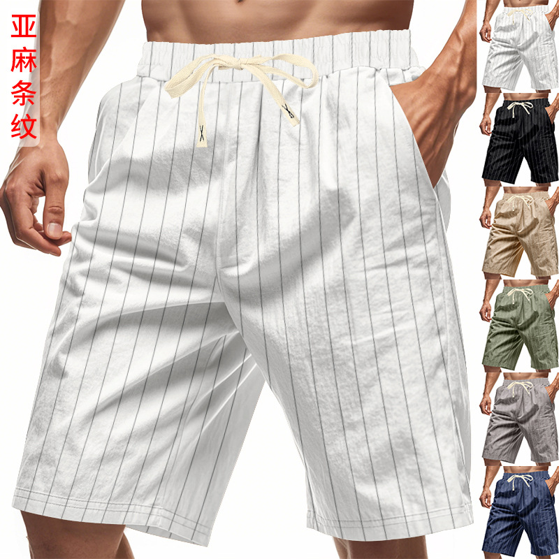 亚麻短裤宽松沙滩透气条纹五分裤