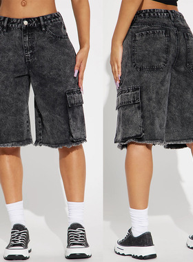 Washed cargo denim midget woman 街头水洗毛边工装牛仔直筒中裤