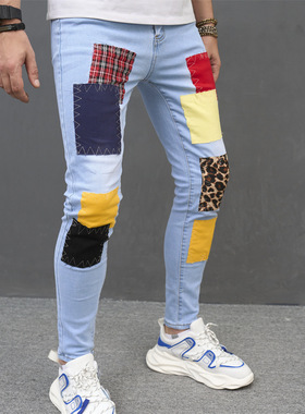 修身长裤浅蓝色贴布紧身牛仔裤Light blue applique skinny jeans