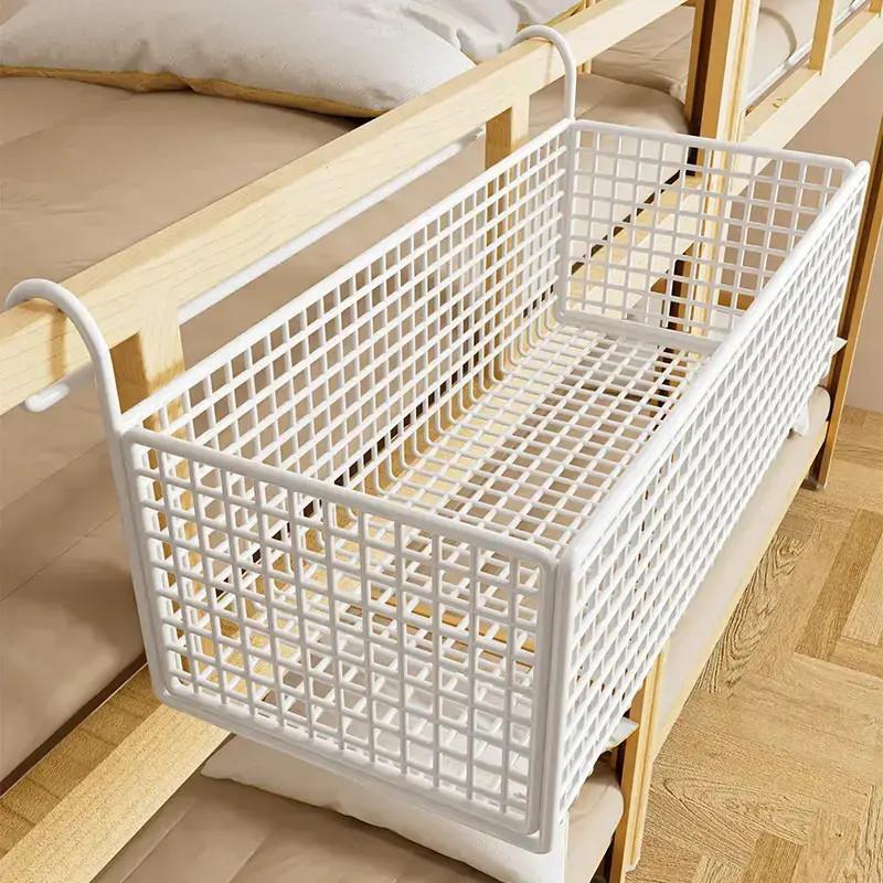 A no-drill hanging basket and bedside storage rack for dormi