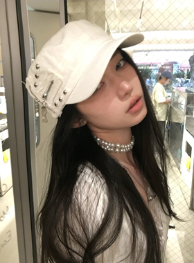 秋冬新款街头金属铆钉平顶帽小众Y2K亚比帽辣妹水洗做旧鸭舌帽女