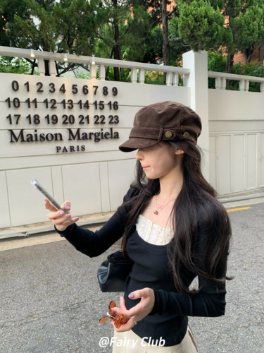 复古美拉德海军风帽子高级感秋冬麂皮绒平顶报童帽韩系百搭画家帽