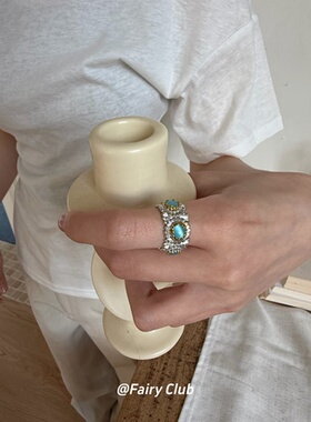 超重工宽版复古小雏菊戒指彩色宝石小众高级感轻奢开口中古指环男