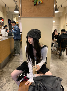 韩系博主慵懒风波点冷帽窄版围脖保暖显脸小针织帽毛线帽堆堆帽女