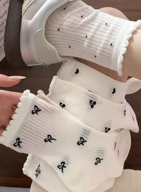 白色堆堆袜女夏薄款网眼透气棉蝴蝶结可爱花边miu里miu气中筒长袜