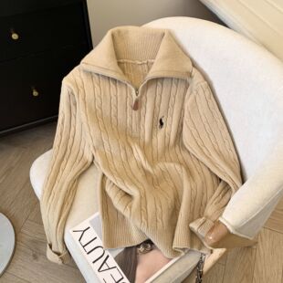 韩版 慵懒麻花上衣潮 小马刺绣半拉链翻领毛衣女秋冬加厚软糯针织衫