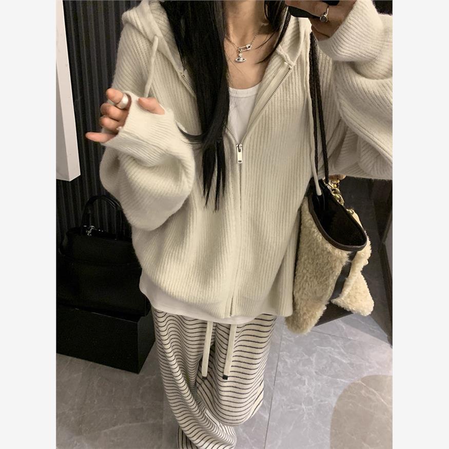 德菲蒂奥韩系连帽拉链毛衣女秋冬2025新款慵懒高级感针织开衫外套