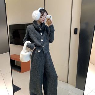 翻领马甲针织衫 法式 高腰阔腿裤 女秋冬新款 三件套厚 高级感毛衣套装