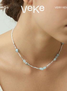VEKE「蓝色海」海蓝宝项链天然石月光石锁骨链NC16030A