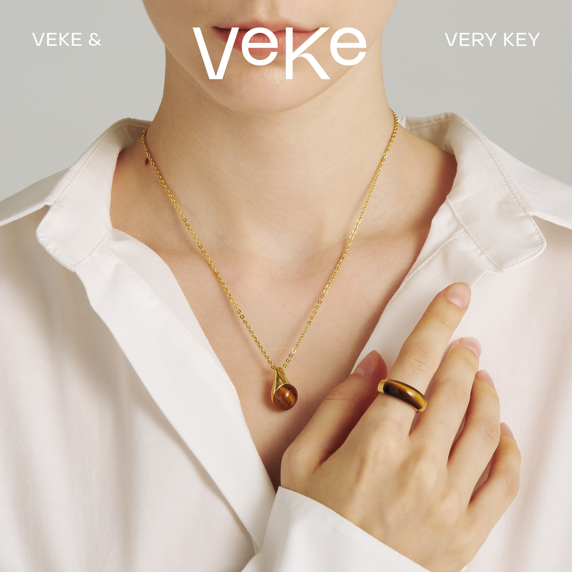 VEKE「Jupiter」虎眼石金色吊坠流行时尚女士项链NC18256A