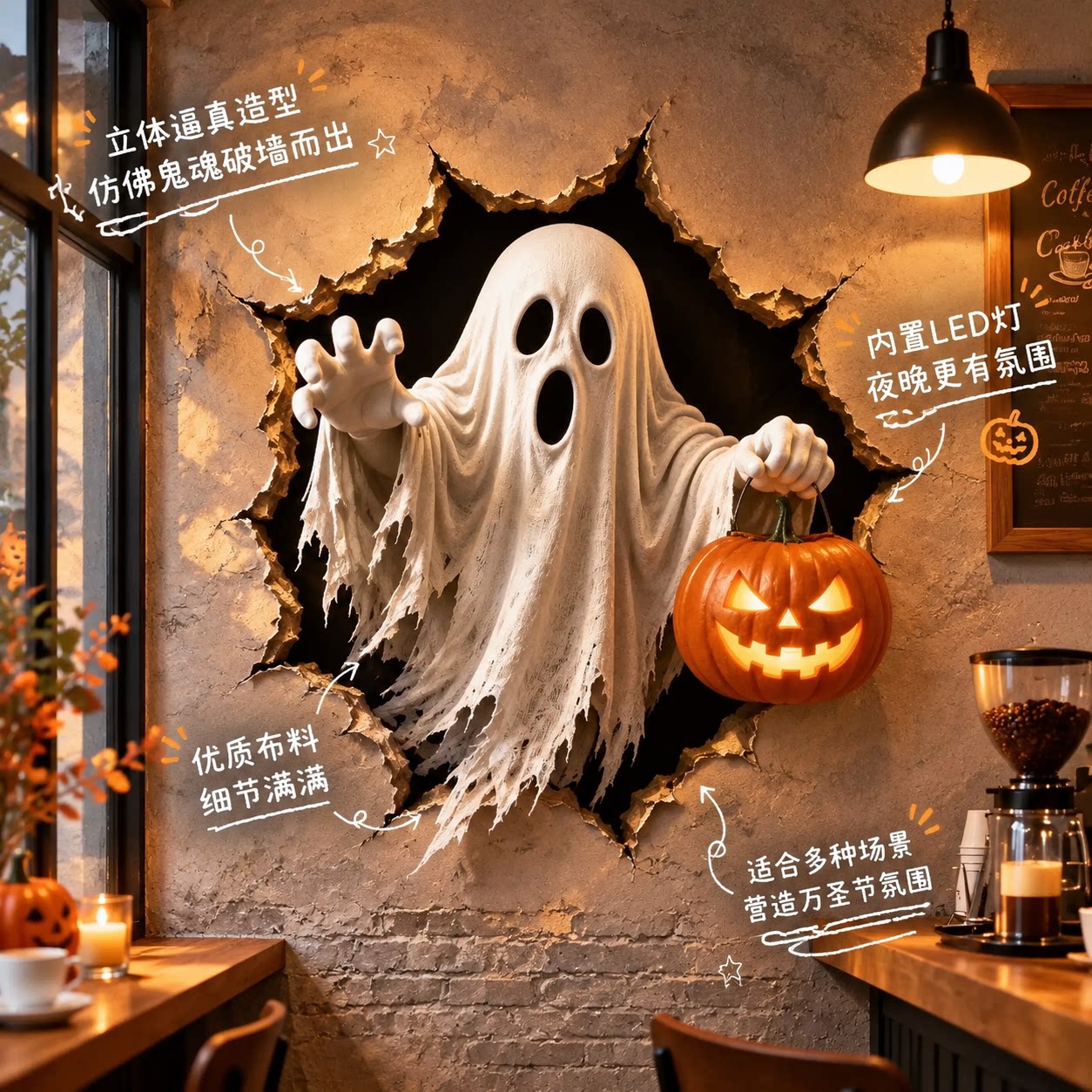 幽灵万圣节贴纸新款氛围感破墙3d效果装饰客厅咖啡店铺背景墙贴纸