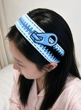 蓝色脑洞拉链碎发贴长条可爱发带