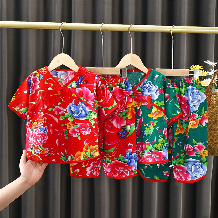 儿童中国风大花套装男女童夏季绵绸短袖7分裤宝宝棉质空调服睡衣