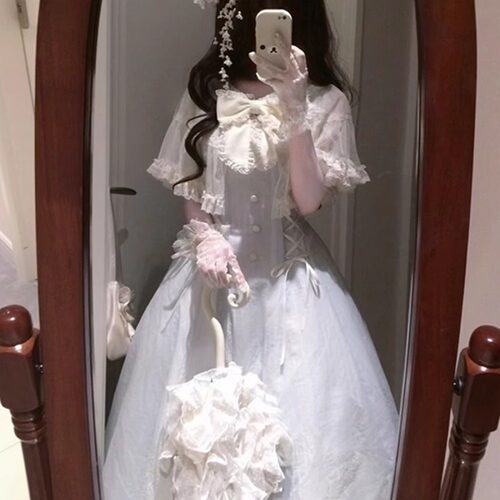 【初夏海棠】夏季新款甜美清新蕾丝蝴蝶结浅蓝色连衣裙女