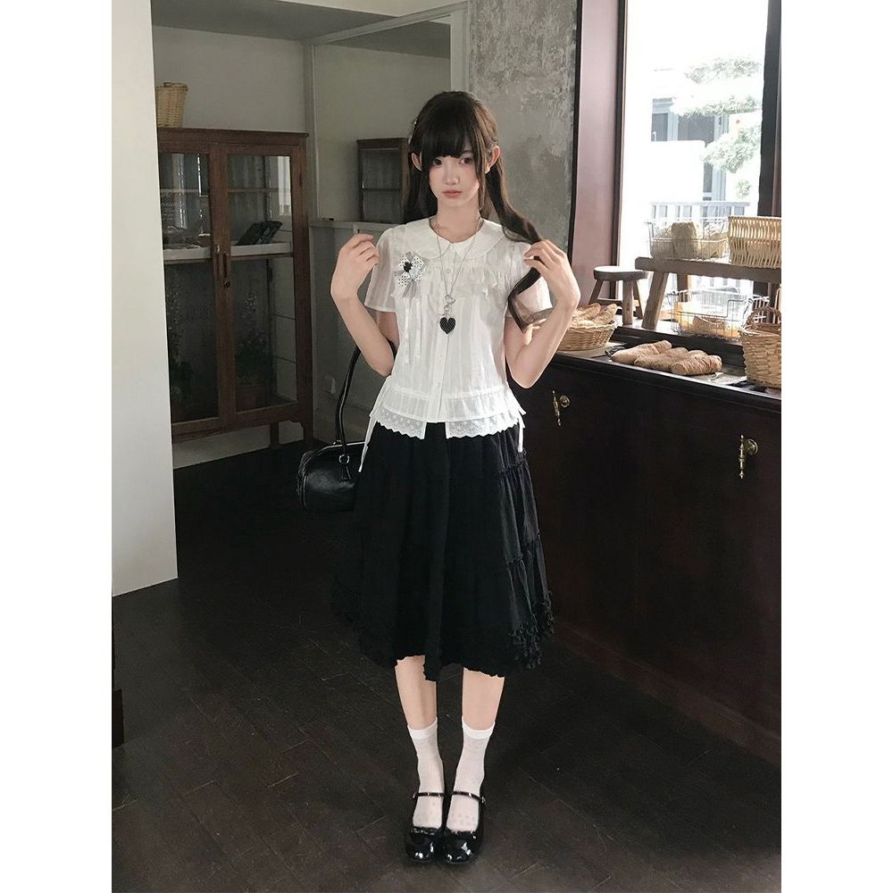 黑裙絮边 新款韩系学院蕾丝日系甜美jk衬衫制服修身半身裙两件套
