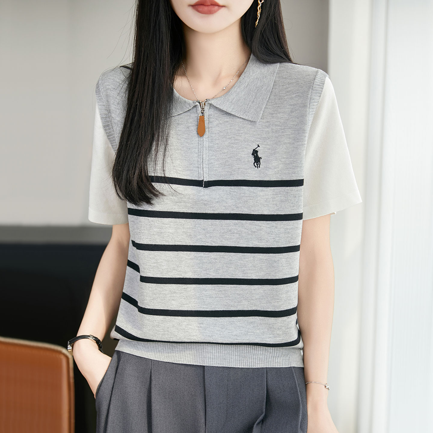 翻领桑蚕丝短袖T恤假两件女