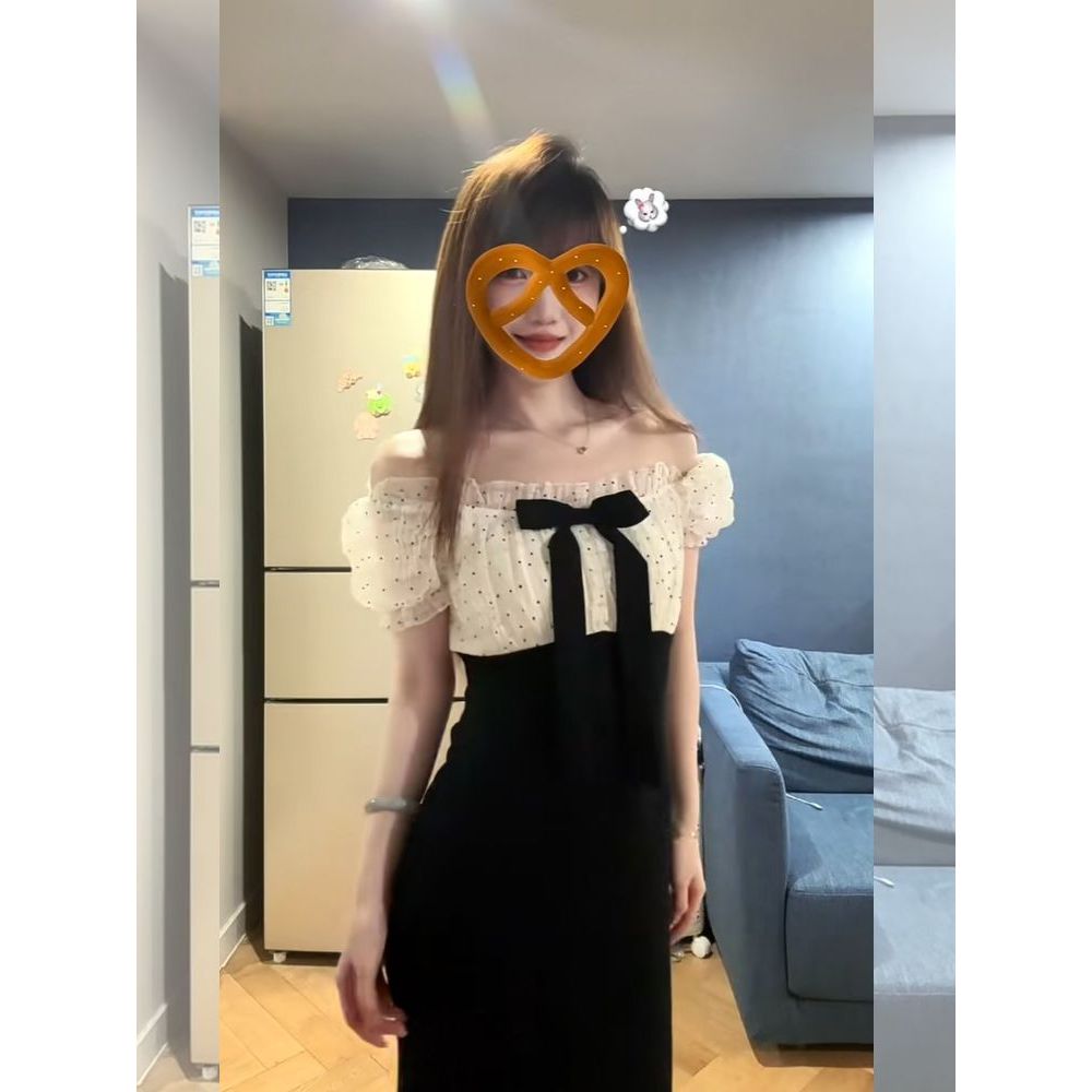 周刊千金 法式气质轻奢蝴蝶结拼接收腰波点连衣裙女夏中长款裙子