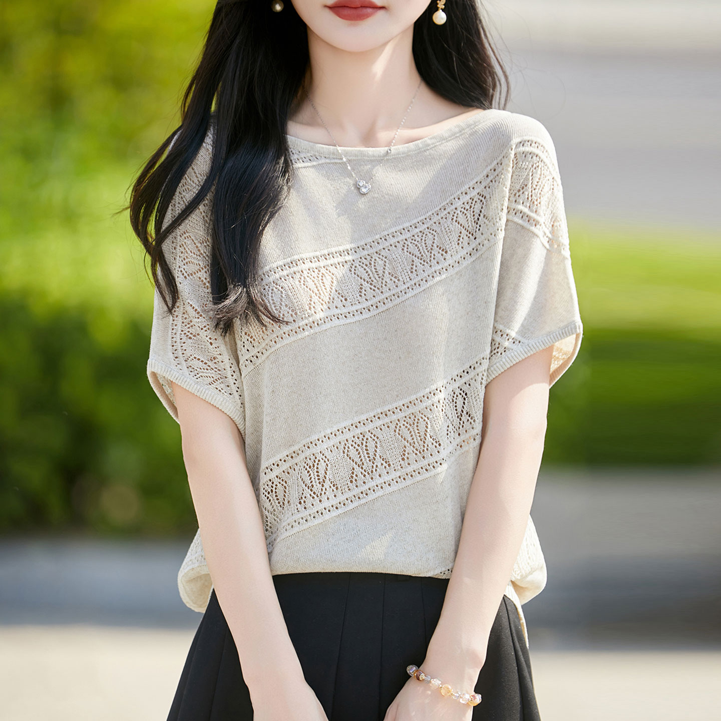 圆领桑蚕丝短袖T恤上衣女