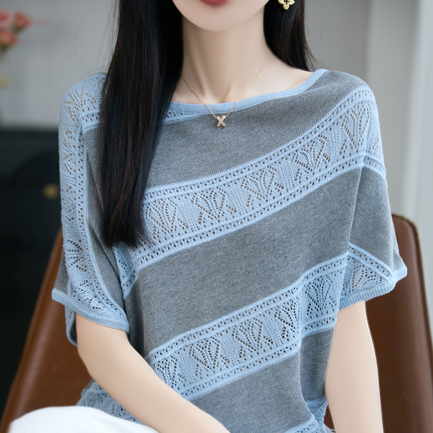 一字领桑蚕丝短袖T恤女
