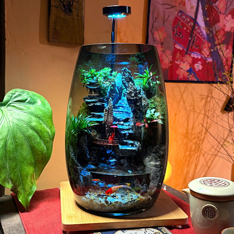 高端送礼特大号S款云霞山苔藓微景观流水养鱼创意桌面创意生态缸