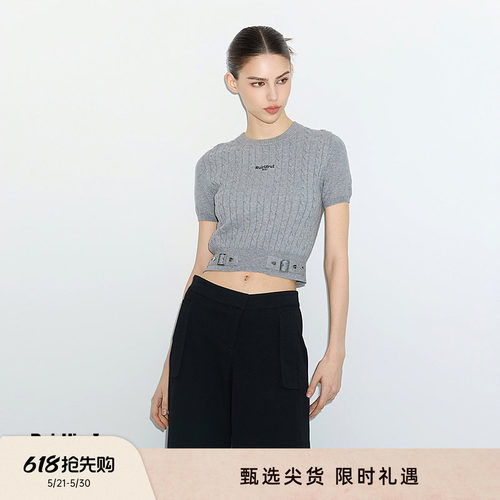 RuirUirul灰色短袖T恤夏新品腰带设计圆绞花纹理针织衫上衣