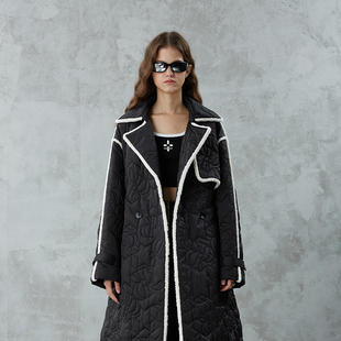 RuirUiruI绗棉风衣冬季 新品 黑白撞色毛绒长风衣