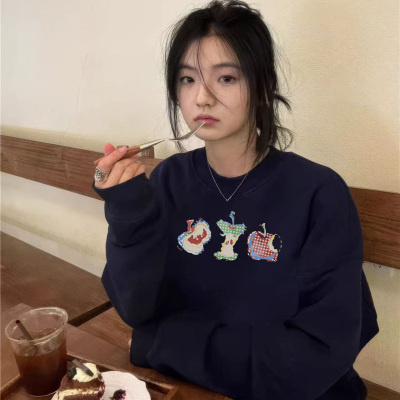 纯棉美式正肩藏青色无帽卫衣女