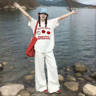 宽松设计感小众半袖 白色纯棉正肩短袖 美式 t恤女夏季 上衣 2025新款