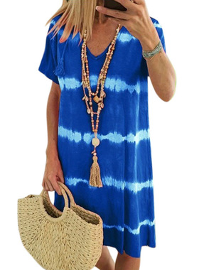 V-neck striped printed short sleeved dressV-领条纹印花短袖裙