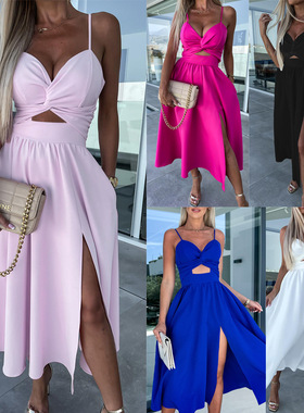 V-neck slim fit backless mid length skirtV领修身露背中长裙女