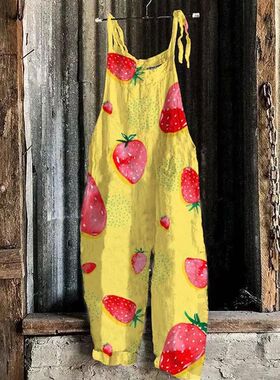 Printed breathable patchwork overalls 印花透气拼接高腰背带裤