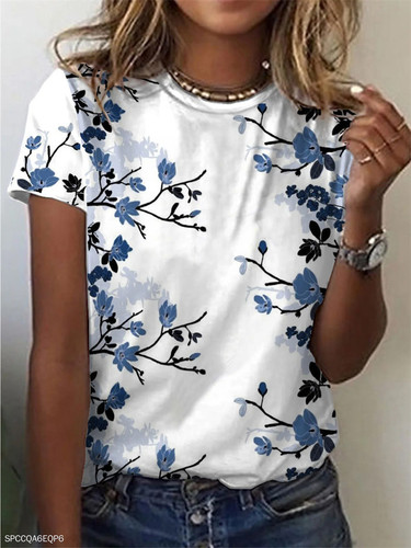 Printed Casual V-Neck Short Sleeves数码印花休闲V领套头短袖女
