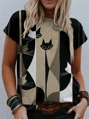 Printed Crew Neck Straight Casual T-Shirt印花圆领直筒休闲T恤