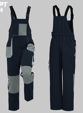 Color blocked loose multi pocket overalls拼色宽松多兜背带裤