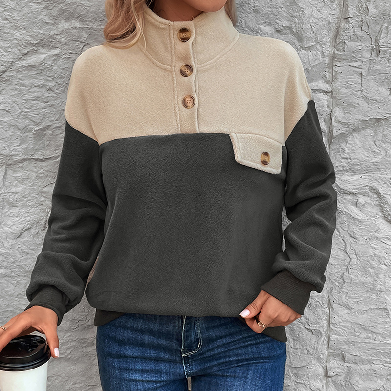 Stand up collar color blocked hoodie立领扣子拼色女士长袖卫衣