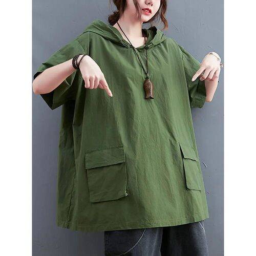 纯色连帽口袋休闲T恤 Solid color hooded pocket casual T-shirt