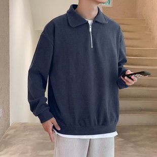 秋季轻熟风纯色卫衣男潮牌痞帅炸街半拉链polo衫设计感外套上衣服