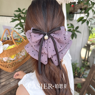 铂思亚西梅紫色发夹女韩系大蝴蝶结盘发抓夹甜美减龄波点发卡头花