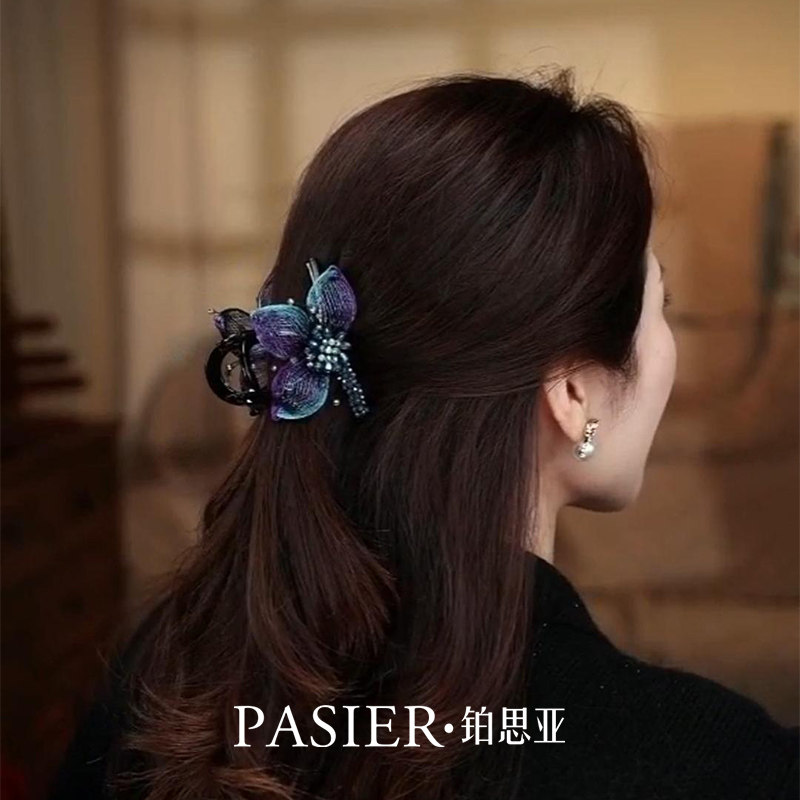 铂思亚高端系列兰花发夹女新款手工铜丝花朵抓夹盘发鲨鱼夹头饰