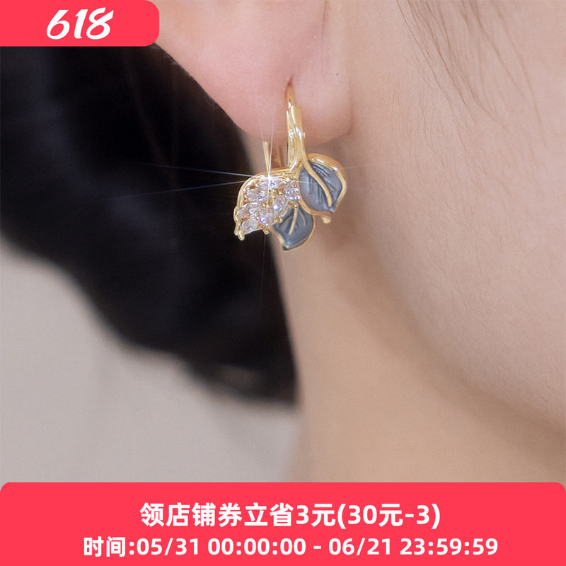 铂思亚法式蓝色叶子新款耳环