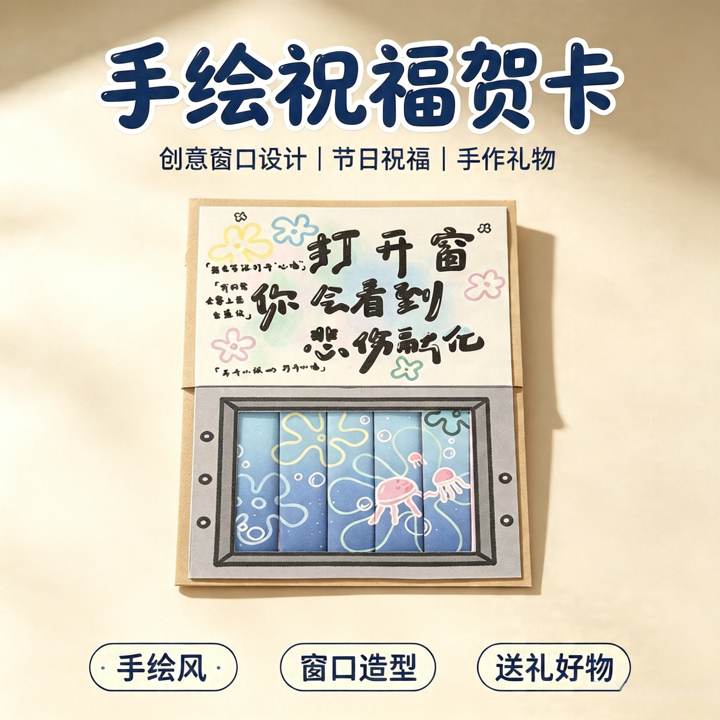 海绵宝宝和派大星抽拉式贺卡手工diy打开窗祝福卡高颜值节日礼物