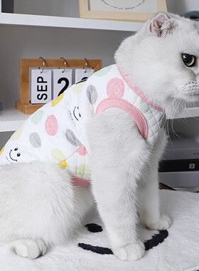 小猫冬天穿的衣服卡通印花背心防掉毛保暖两脚衣带牵引扣猫咪棉服
