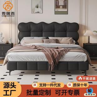 轻奢复古真皮床双人主卧大床1.5m1.8米现代简约婚床软包储物皮床
