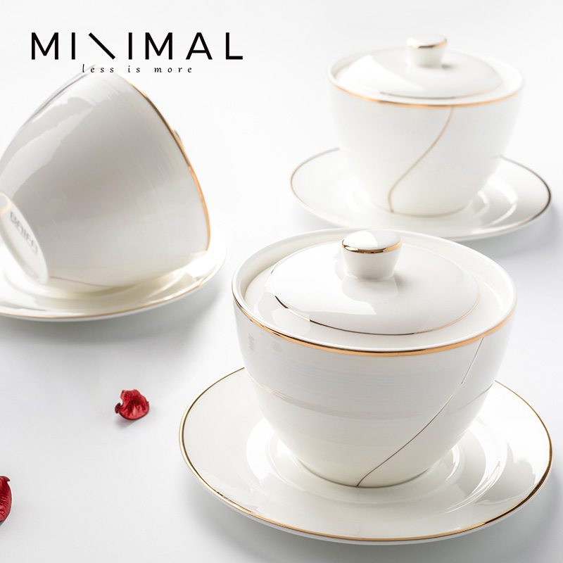 甜品炖盅 隔水陶瓷燕窝雪蛤补品汤盅 带盖骨瓷纯白描金炖锅汤煲碗