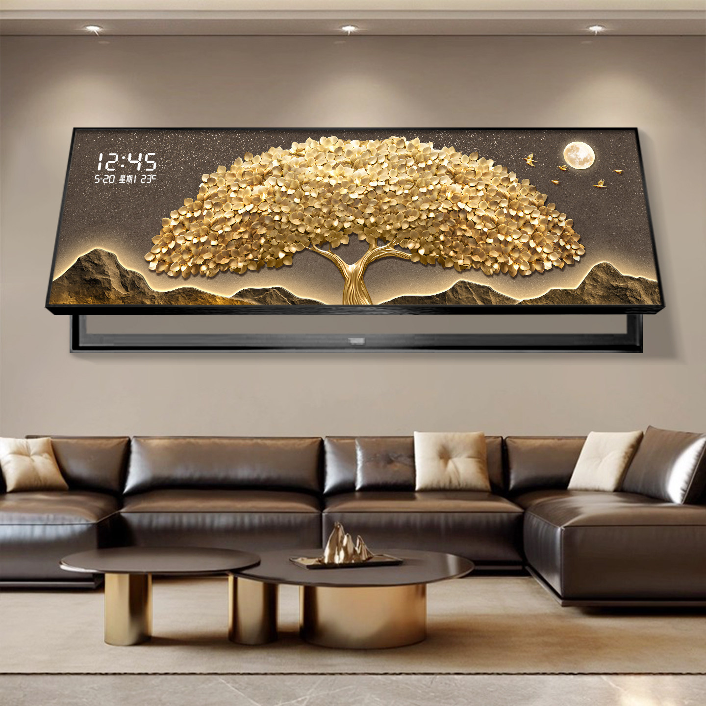 超大尺寸电表箱装饰画轻奢发财树电子时钟表客厅弱配电箱遮挡挂画