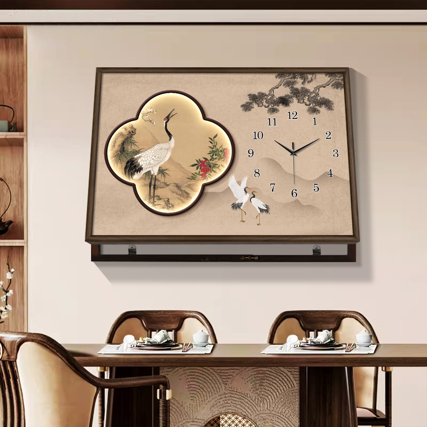 实木新中式电表箱装饰画带时钟表宋代美学总开关盒配电箱遮挡挂画
