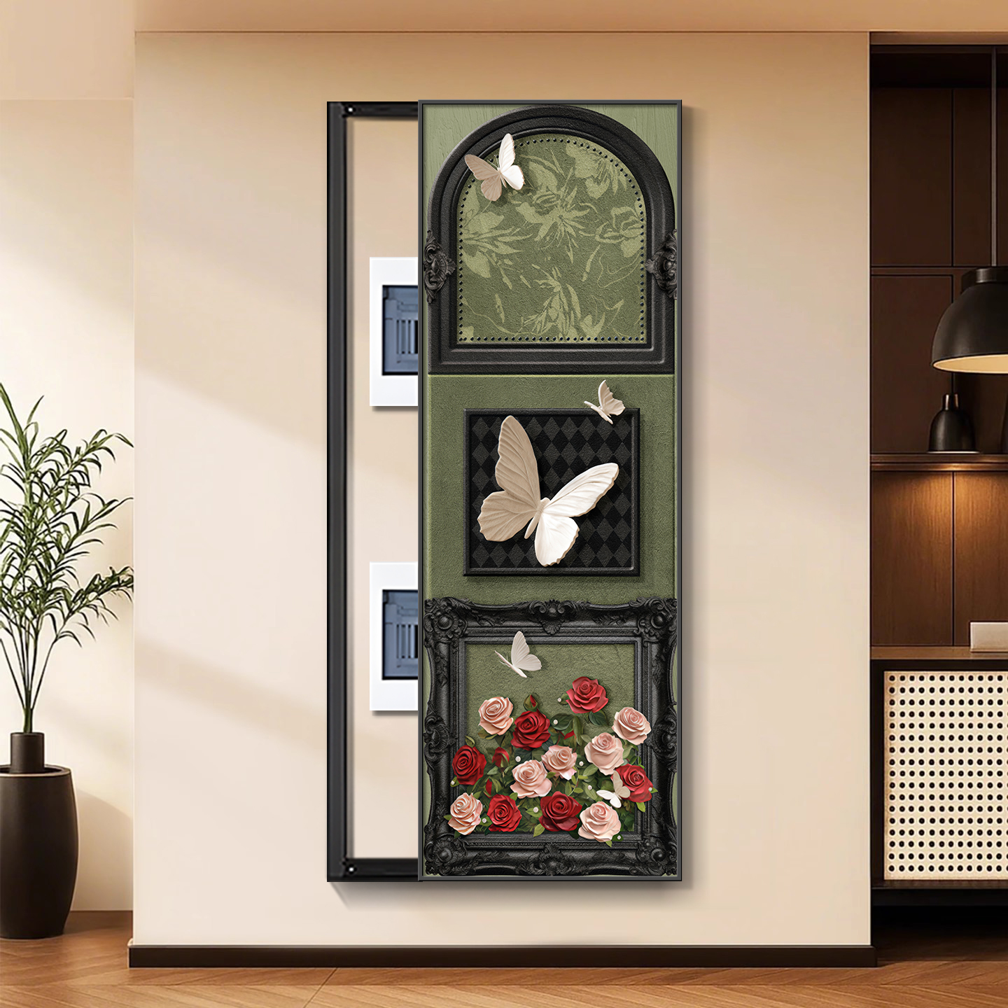 中古风电表画装饰画大尺寸竖款法式复古遮挡网络信号盒配电箱挂画