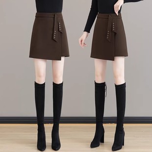 毛呢半身裙女春秋冬季 a字中短裙高腰显瘦包臀裙气质开叉一步裙子