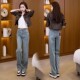 高腰加绒垂感直筒裤 刺绣浅蓝窄版 2025新款 女春秋冬季 子 阔腿牛仔裤