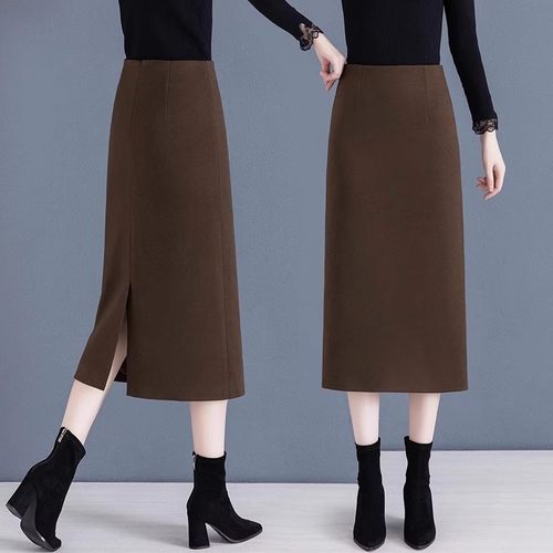 毛呢半身裙女2025秋冬新款高腰显瘦休闲包臀裙过膝后开叉a字长裙